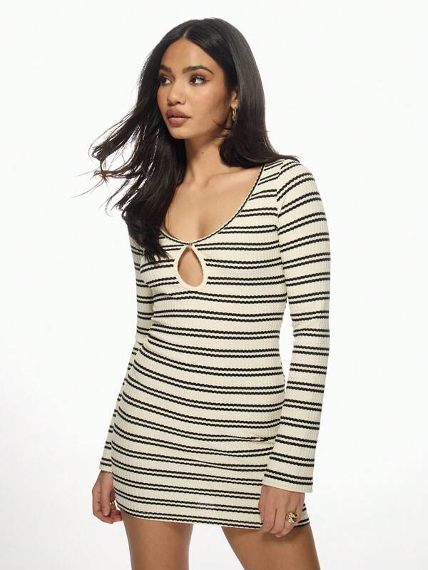 missguided MISSGUIDED Striped Ribbed Bodycon Cut-Out Front Long Sleeve Sweater Mini Dress