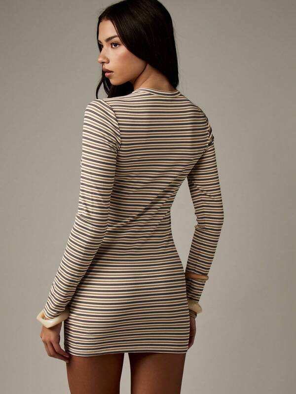 Missguided MISSGUIDED Striped Ribbed Bodycon Mini Dress With Long Sleeves