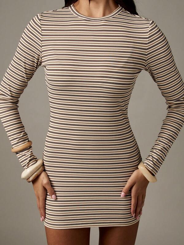 Missguided MISSGUIDED Striped Ribbed Bodycon Mini Dress With Long Sleeves