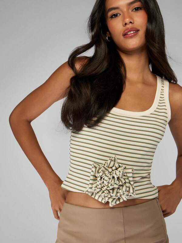 Missguided MISSGUIDED Striped Ribbed Crop Tank With Ruffle Flower Detail