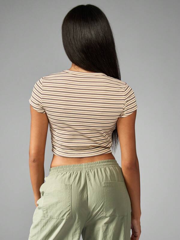 Missguided MISSGUIDED Striped Ribbed Crop Top With Short Sleeves