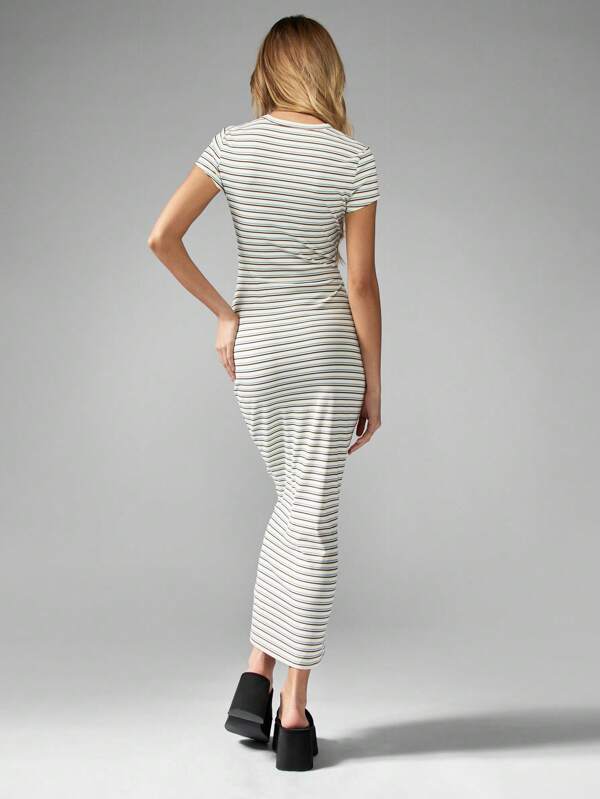 Missguided MISSGUIDED Striped Ribbed Jersey Fitted Long Dress
