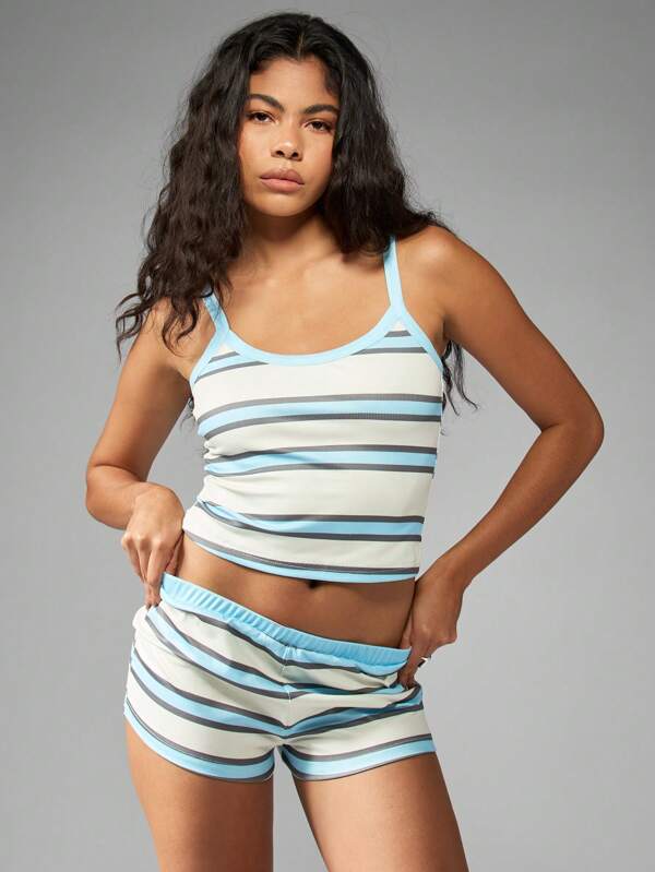 missguided MISSGUIDED Striped Ribbed Knit Athletic Tank Top Boy Shorts Two Piece Outfit