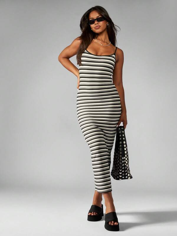 Missguided MISSGUIDED Striped Ribbed Knit Bodycon Form Fitting Long Dress