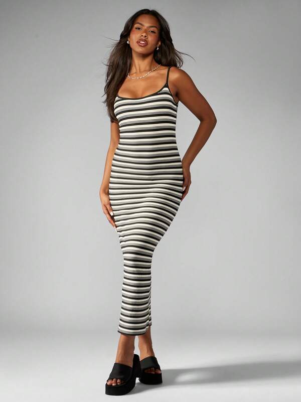 missguided MISSGUIDED Striped Ribbed Knit Bodycon Form Fitting Long Dress
