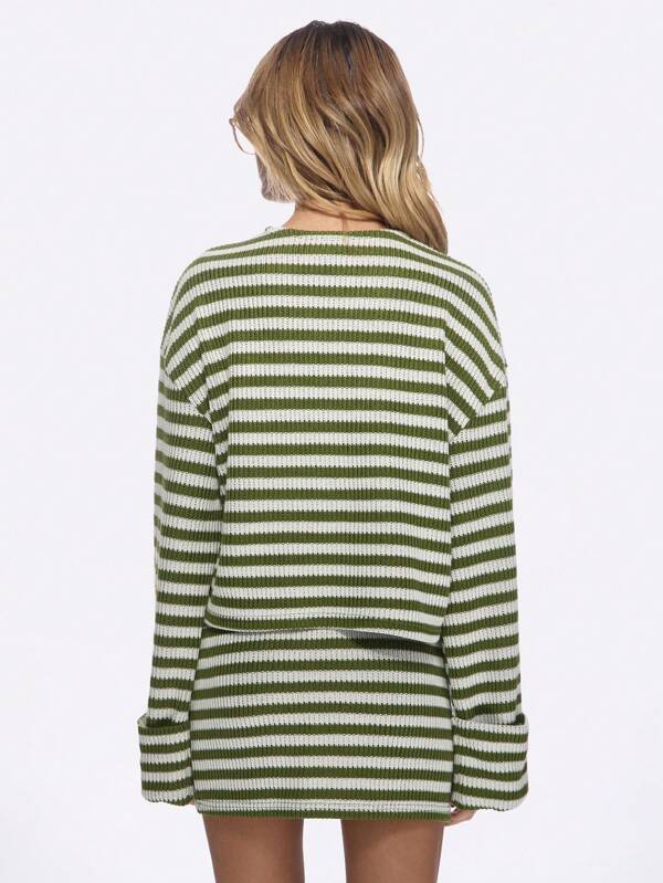 Missguided MISSGUIDED Striped Ribbed Knit Button-Front Cardigan Mini Skirt Set