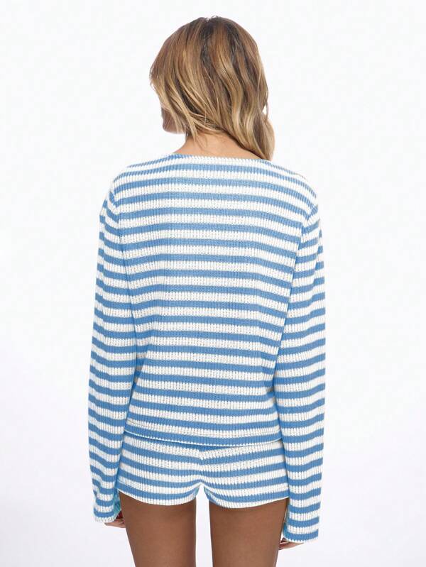 Missguided MISSGUIDED Striped Ribbed Knit Button Front Long Sleeve Two Piece Loungewear Set