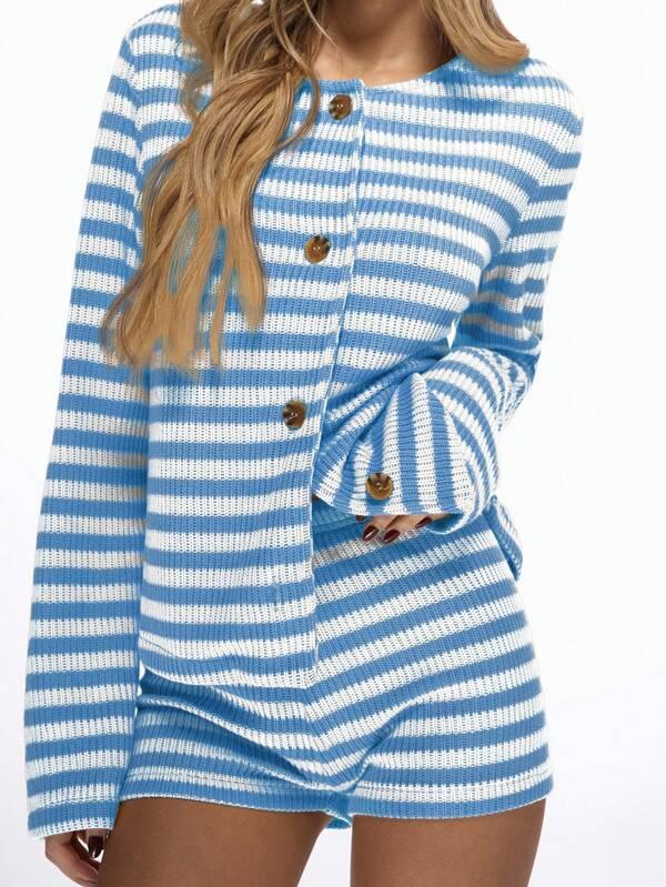 Missguided MISSGUIDED Striped Ribbed Knit Button Front Long Sleeve Two Piece Loungewear Set