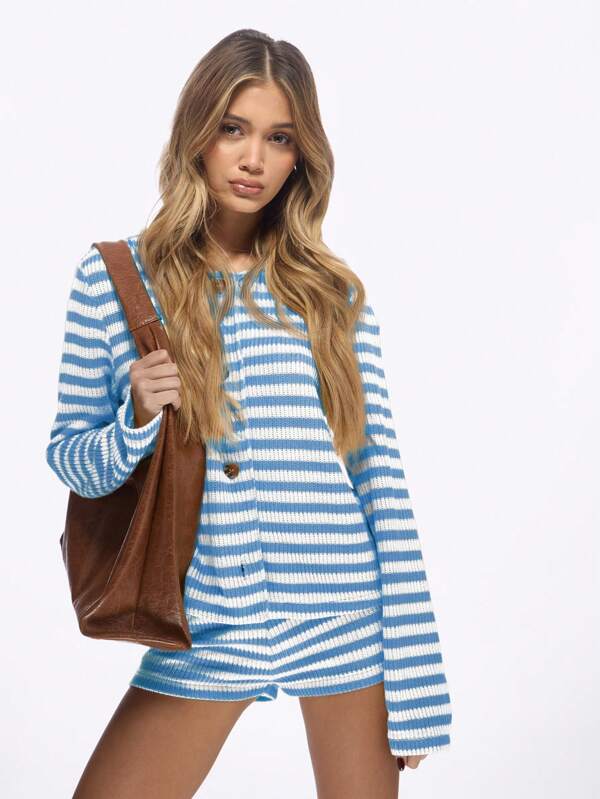 Missguided MISSGUIDED Striped Ribbed Knit Button Front Long Sleeve Two Piece Loungewear Set