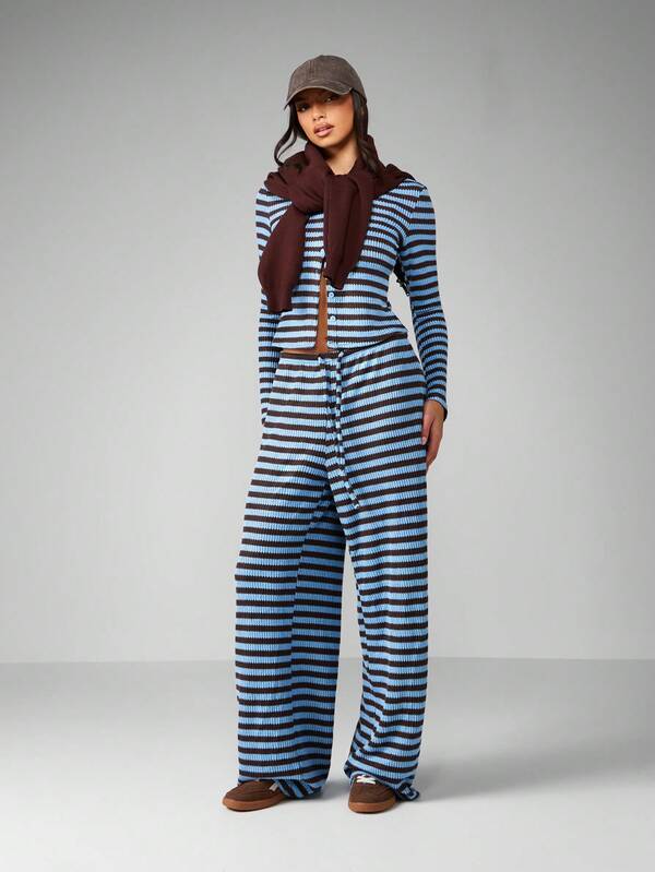 Missguided MISSGUIDED Striped Ribbed Knit Cardigan And Wide Leg Pants