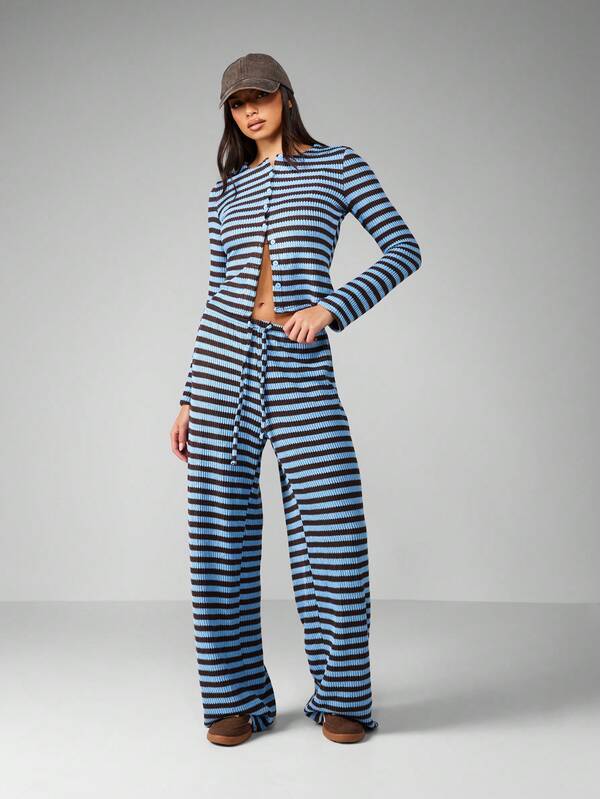 missguided MISSGUIDED Striped Ribbed Knit Cardigan And Wide Leg Pants