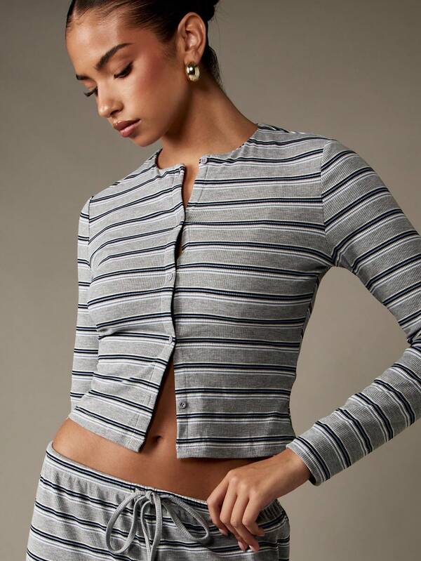 Missguided MISSGUIDED Striped Ribbed Knit Cardigan With Button Front