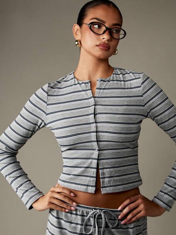Missguided MISSGUIDED Striped Ribbed Knit Cardigan With Button Front