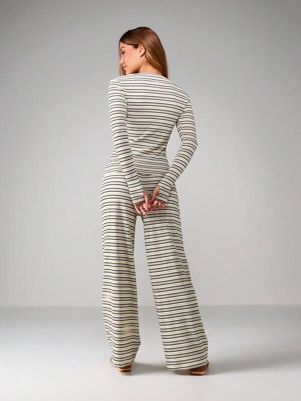 Missguided MISSGUIDED Striped Ribbed Knit Long Sleeve Set