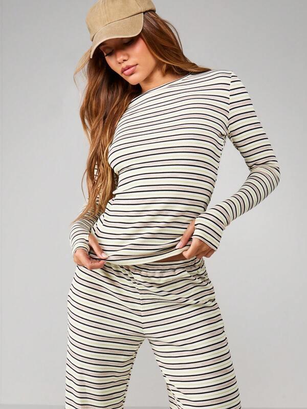 Missguided MISSGUIDED Striped Ribbed Knit Long Sleeve Set