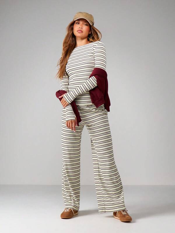 Missguided MISSGUIDED Striped Ribbed Knit Long Sleeve Set