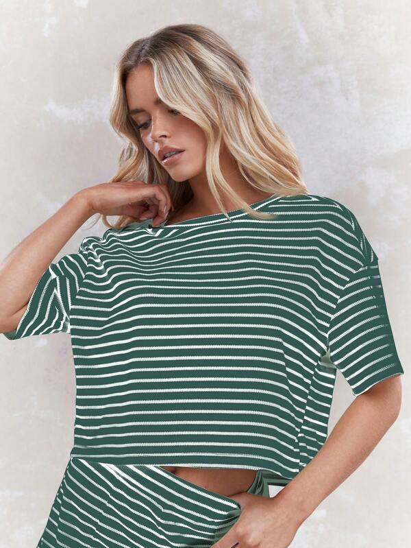 Missguided MISSGUIDED Striped Ribbed Knit T-Shirt Shorts Set