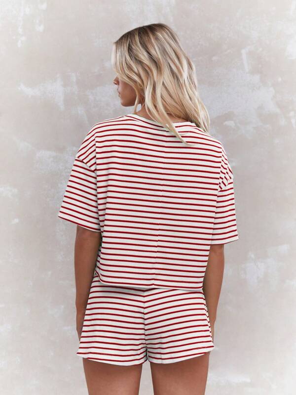 Missguided MISSGUIDED Striped Ribbed Knit T-Shirt Shorts Two-Piece Set