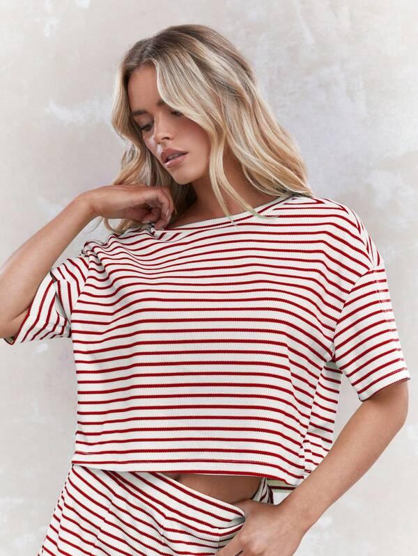 Missguided MISSGUIDED Striped Ribbed Knit T-Shirt Shorts Two-Piece Set