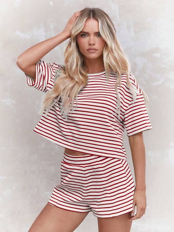 missguided MISSGUIDED Striped Ribbed Knit T-Shirt Shorts Two-Piece Set