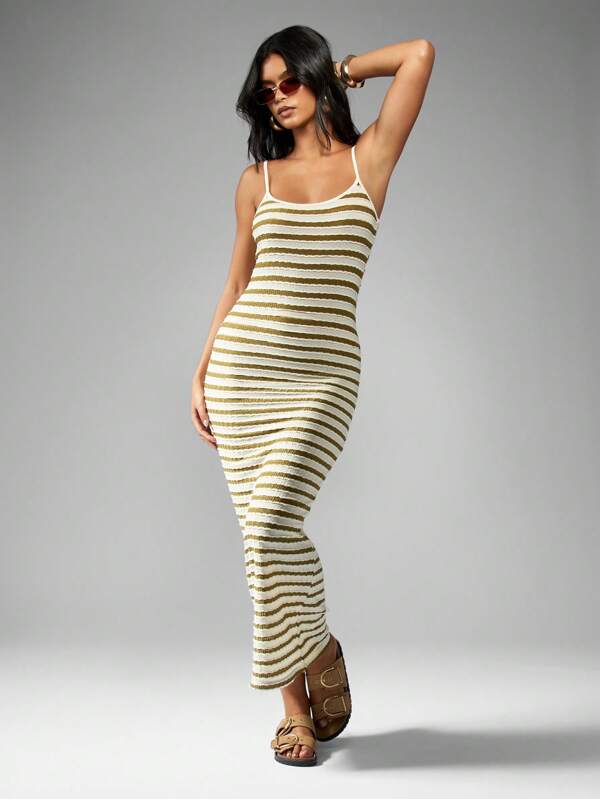 missguided MISSGUIDED Striped Ribbed Knit Tank Style Bodycon Maxi Dress