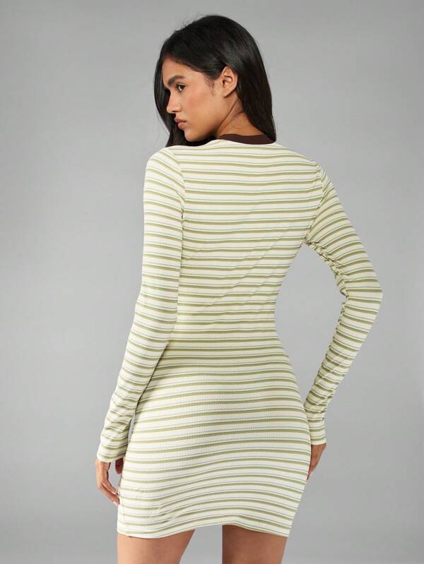 Missguided MISSGUIDED Striped Ribbed Mini Dress With Long Sleeves And Crew Neck