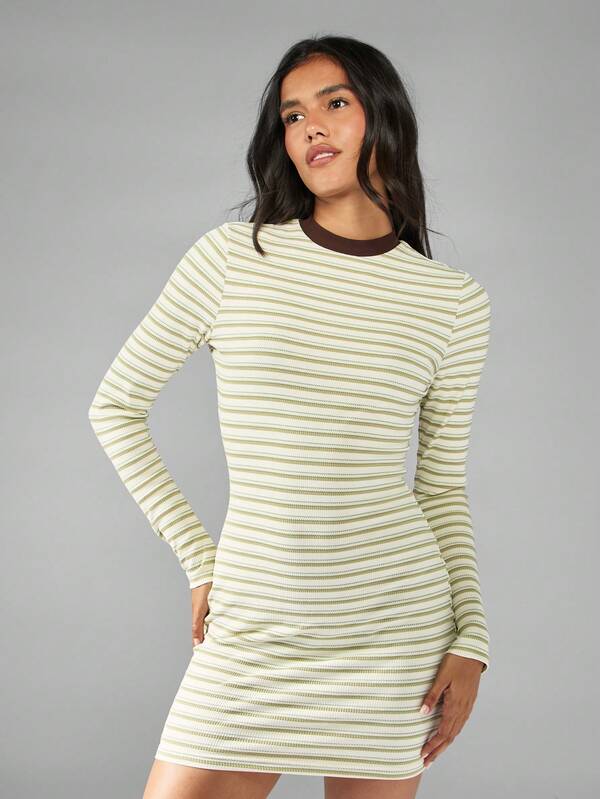 Missguided MISSGUIDED Striped Ribbed Mini Dress With Long Sleeves And Crew Neck