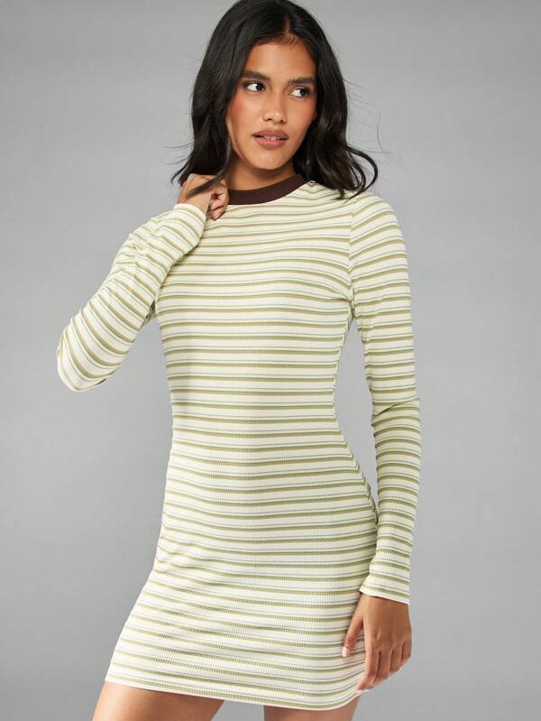 missguided MISSGUIDED Striped Ribbed Mini Dress With Long Sleeves And Crew Neck