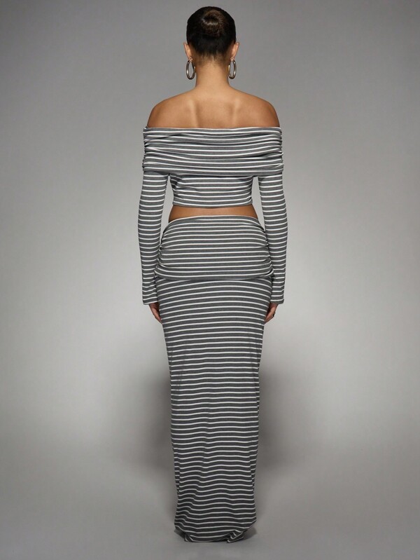 Missguided MISSGUIDED Striped Ribbed Off Shoulder Crop Top With Maxi Skirt