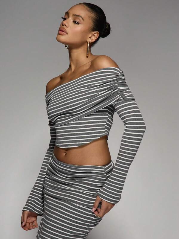 Missguided MISSGUIDED Striped Ribbed Off Shoulder Crop Top With Maxi Skirt