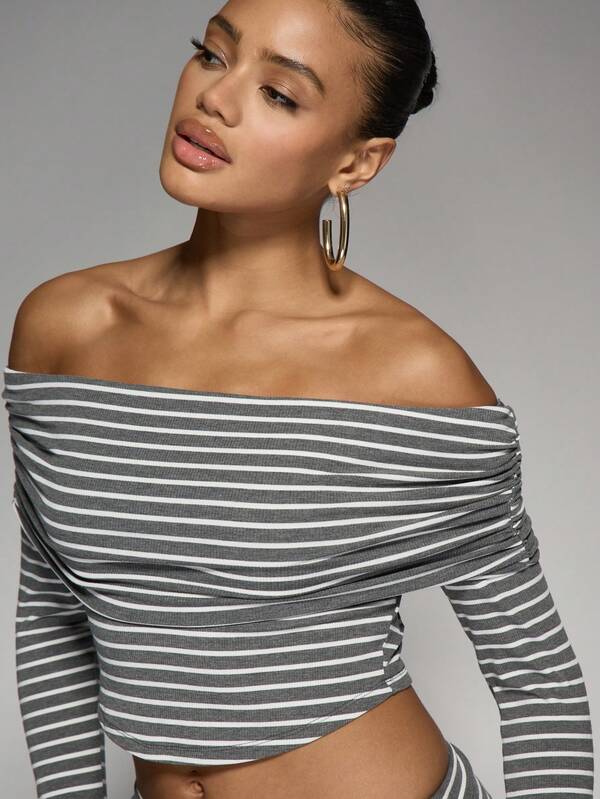 Missguided MISSGUIDED Striped Ribbed Off Shoulder Crop Top With Maxi Skirt