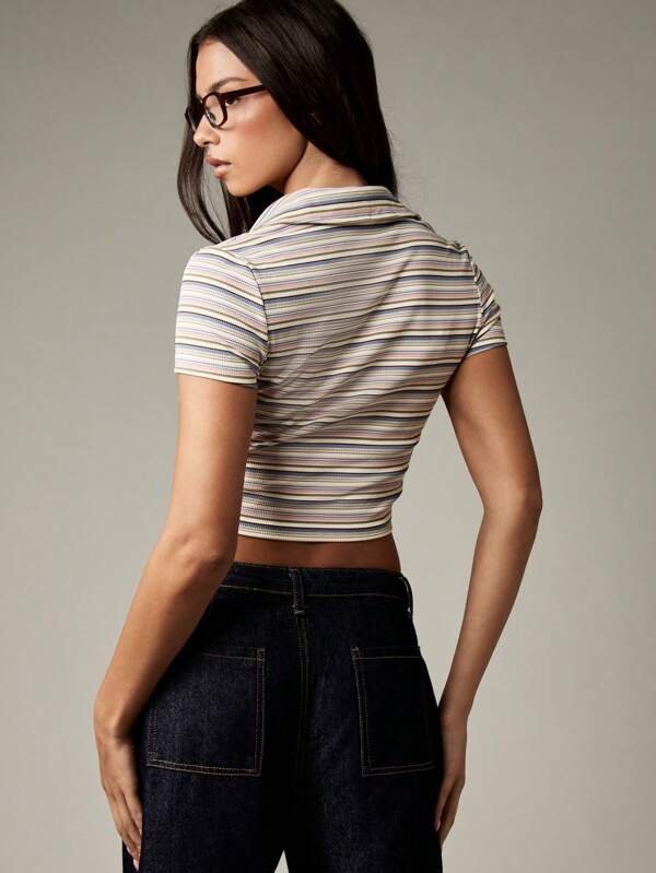 Missguided MISSGUIDED Striped Ribbed Polo Crop Top With Collar