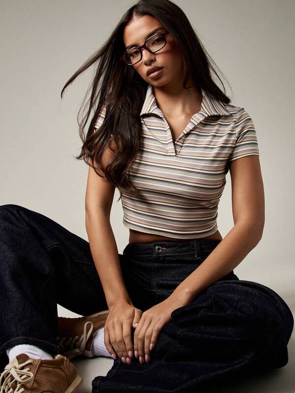 Missguided MISSGUIDED Striped Ribbed Polo Crop Top With Collar