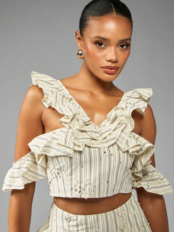 missguided MISSGUIDED Striped Ruffle Cold Shoulder Crop Top With Flounce Details