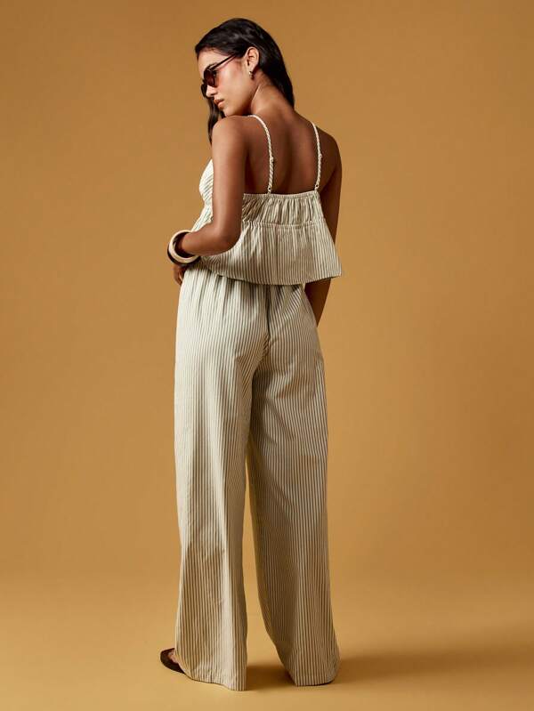 Missguided MISSGUIDED Striped Ruffle Tie Front Cami Top And Wide Leg Palazzo Set Two-Piece Outfits