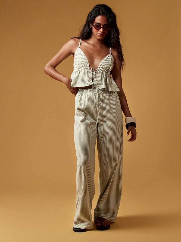 Missguided MISSGUIDED Striped Ruffle Tie Front Cami Top And Wide Leg Palazzo Set Two-Piece Outfits