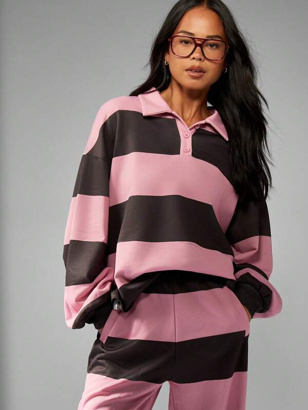 Missguided MISSGUIDED Striped Rugby Collared Set With Wide Leg Pants