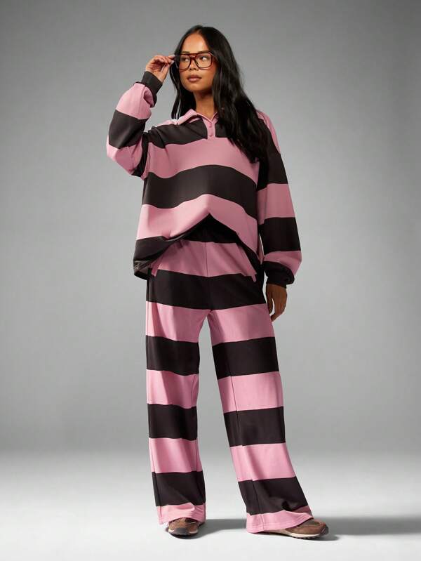 missguided MISSGUIDED Striped Rugby Collared Set With Wide Leg Pants