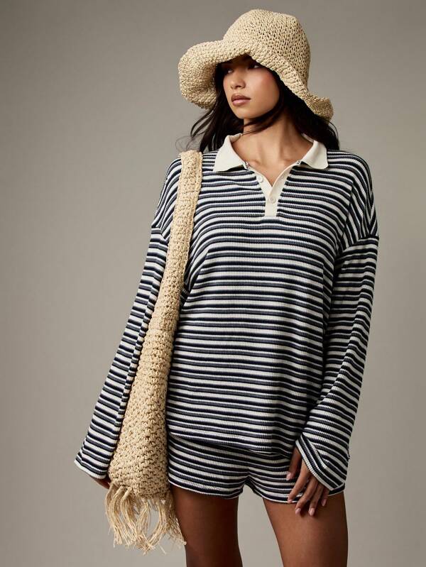 missguided MISSGUIDED Striped Rugby Collared Top With Matching Shorts