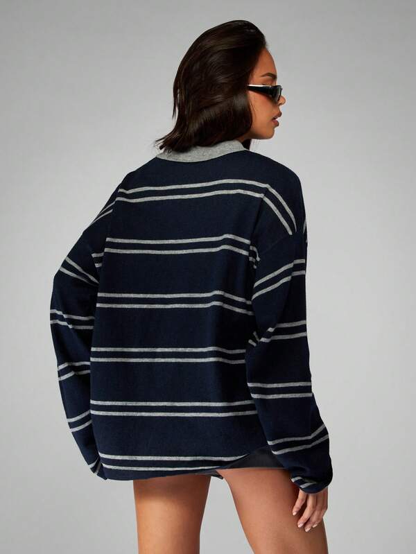Missguided MISSGUIDED Striped Rugby Knit Sweater With Collared Neckline
