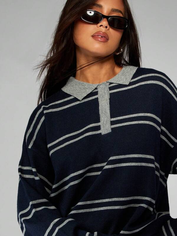 Missguided MISSGUIDED Striped Rugby Knit Sweater With Collared Neckline