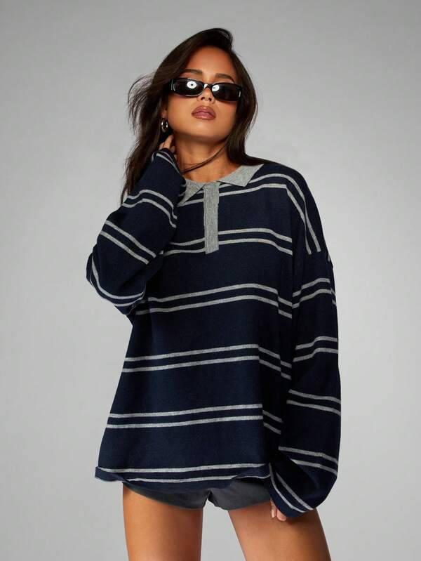 missguided MISSGUIDED Striped Rugby Knit Sweater With Collared Neckline
