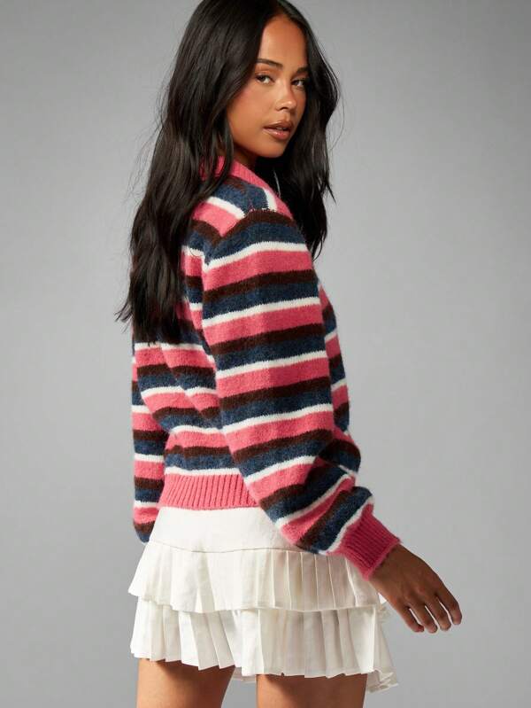 Missguided MISSGUIDED Striped Rugby Knit Sweater With Polo Collar And Long Sleeves