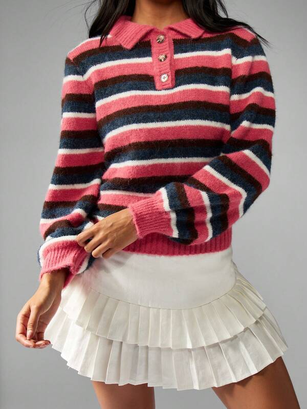 Missguided MISSGUIDED Striped Rugby Knit Sweater With Polo Collar And Long Sleeves