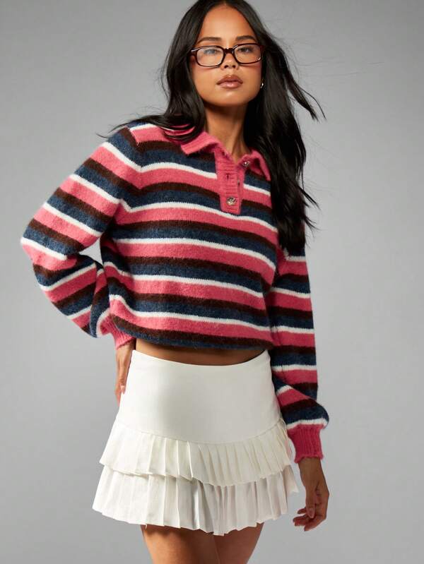 missguided MISSGUIDED Striped Rugby Knit Sweater With Polo Collar And Long Sleeves