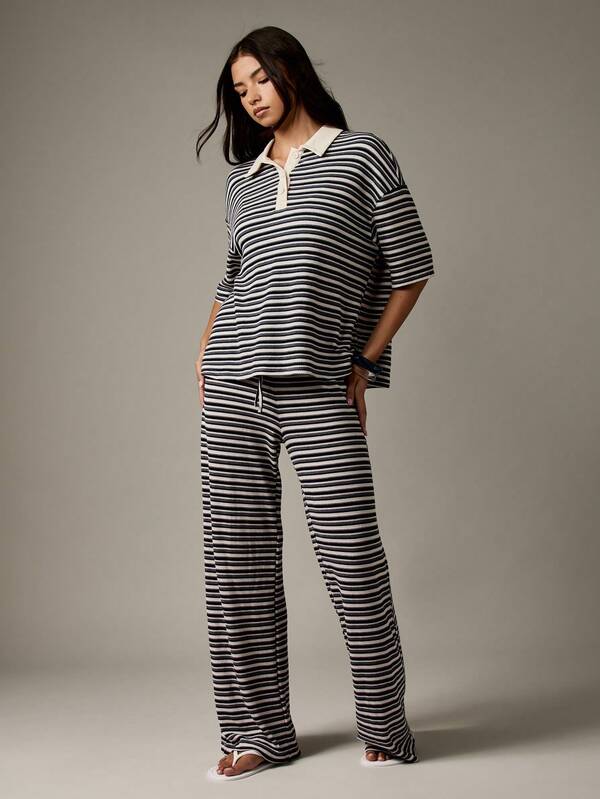 Missguided MISSGUIDED Striped Rugby Polo And Wide Leg Pants Coordinate