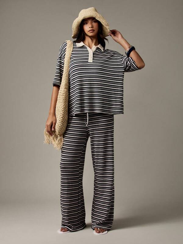 missguided MISSGUIDED Striped Rugby Polo And Wide Leg Pants Coordinate
