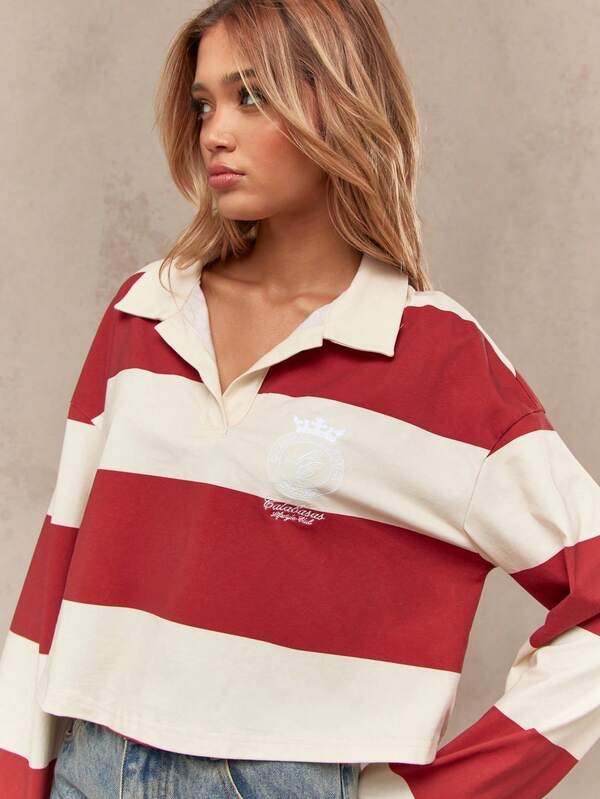 Missguided MISSGUIDED Striped Rugby Polo Crop Top With Collared Neckline