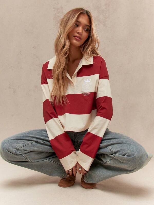 Missguided MISSGUIDED Striped Rugby Polo Crop Top With Collared Neckline