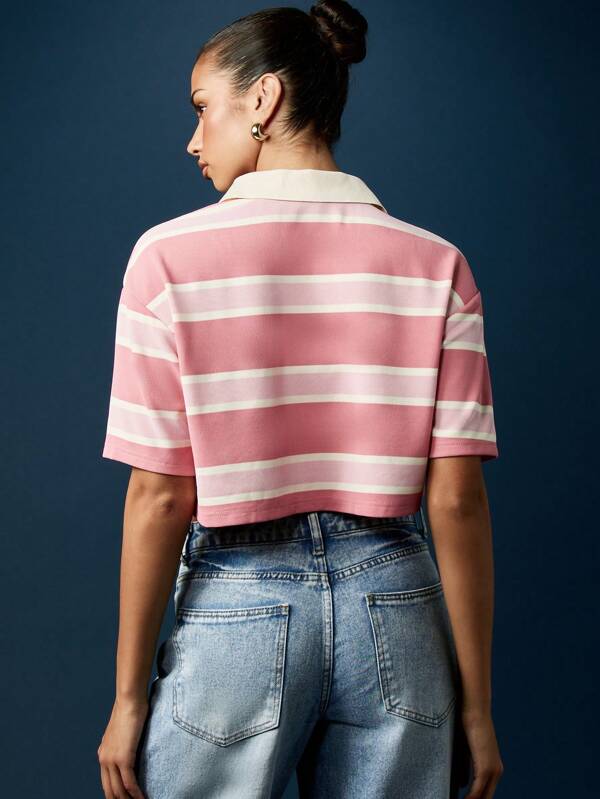 Missguided MISSGUIDED Striped Rugby Polo Crop Top With Collar And Buttons